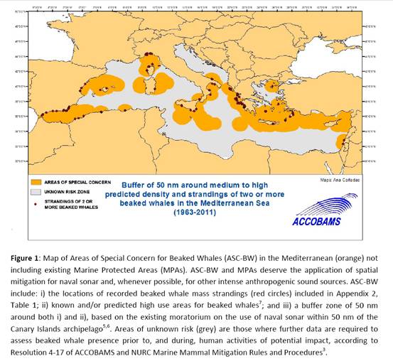 Χάρτης βάσει της 5ης συνάντησης του ACCOBAMS με τις περιοχές της Μεσογείου όπου οι ναυτικές ασκήσεις με στρατιωτικά σόναρ πρέπει αποφεύγονται